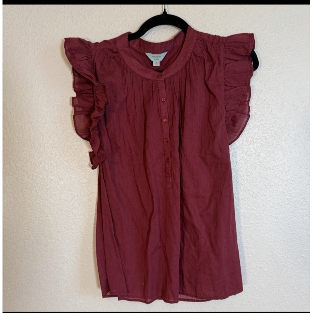 Voyageur Mersea Red Ruffle Blouse Size XL Cotton Flutter Sleeve Cotton Travel